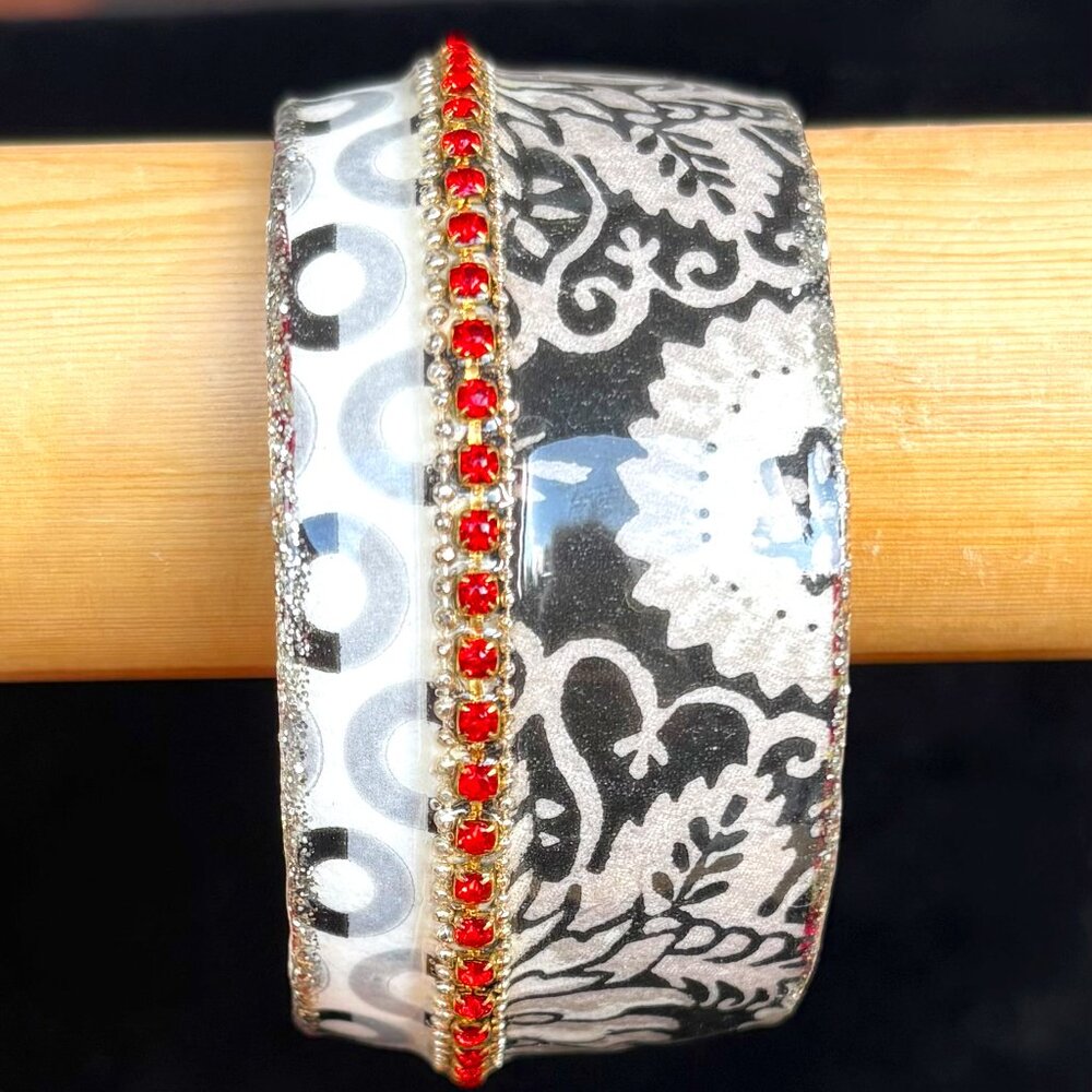 Iris Design Wide Bangle Bracelet Black & White & Red Handmade